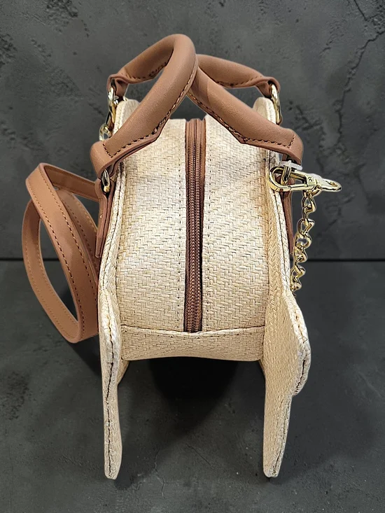 Betsey Johnson Beige  Fish-Shaped Crossbody Bag Wicker with Brown Trim - Picture 5 of 10